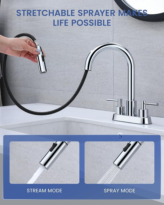 Bathroom Faucet with Pull Out Sprayer, Chrome Bathroom Faucet 3 Holes | Stainless Steel Lead-Free, 4 Inch Centerset Vanity Faucet, 2 Handle, Pop Up Drain, 3 Hole Faucet for RV Laundry Restroom