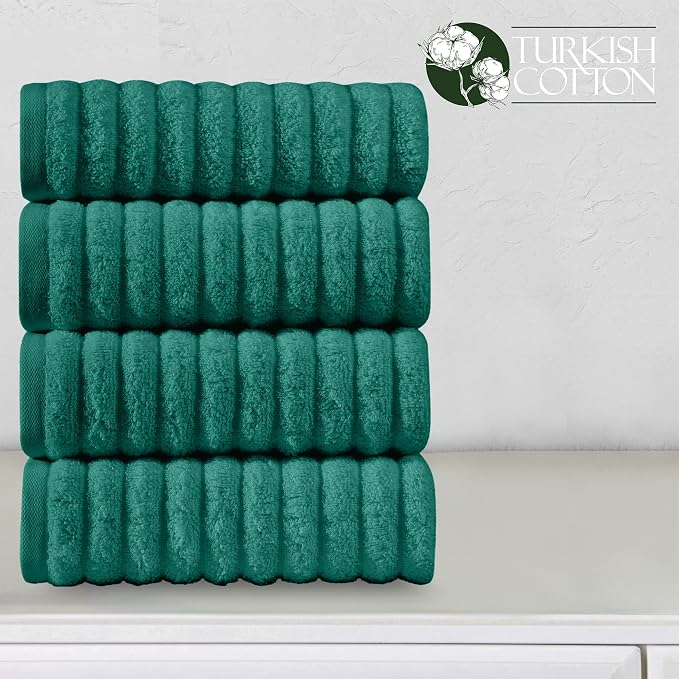 Elegant Comfort Luxury 100% Turkish Cotton Corduroy Ribbed 4 Pack Hand Towel Set 16 x 28 Inch - Absorbent, Super Soft, Quick Dry, Premium Towels for Bathroom, Gym, Spa and Hotel Use, Turquoise