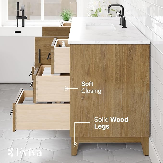 Eviva Graham 60 in. Oak Single Sink Bath Vanity with Arabescato Engineered Stone Top and Undermount Porcelain Sink