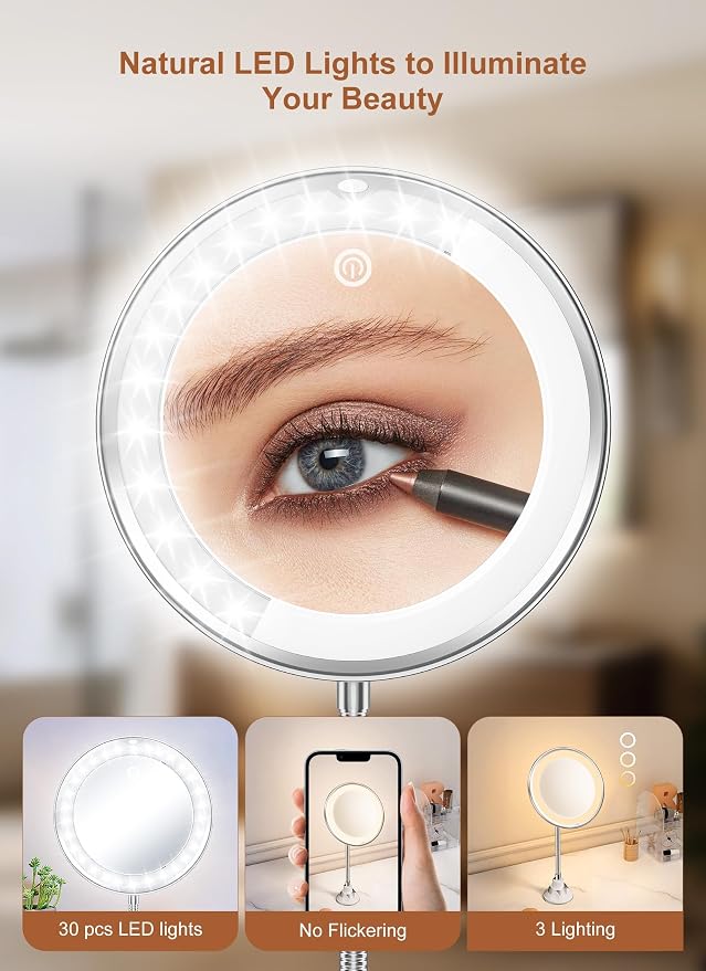10x Magnifying Mirror with Light,Gooseneck Travel Make up Mirror 3 Lighting | Wall-Mounted Lighted Vanity Makeup Mirror, Cordless Battery Operated LED Mirror with Suction Cups for Shower Bathroom