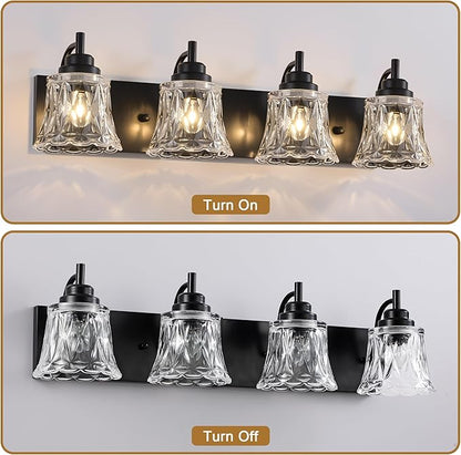Black Bathroom Vanity Light Fixture, Bathroom Light Fixtures Over Mirror, 4 Lights Black Bathrooms Lighting,Matte Antique Finish with Crystal Glass Shade, Vintage Vanity Light for Bathrooms