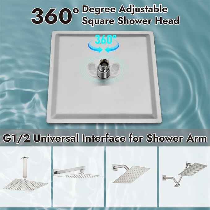 Midanya Square Rain Shower Head,High Pressure,Brushed Nickel 12 Inch | 360°Swivel,Ceiling or Wall Mount,Waterfall Full Body Coverage,Bathroom Remodel,Stainless Steel Large Rainfall Shower Head