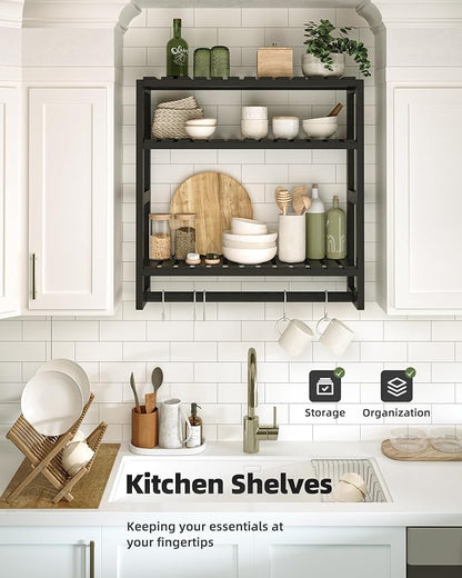 Galood Over The Toilet Storage Bathroom Shelves Wall Mounted 3 Tier Black | Space Saver Corner Shelf Organizer Bamboo Towel Rack Toilet Paper Cabinet with Hanging Rod
