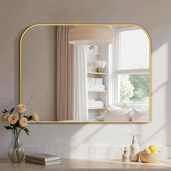 30"x40" Gold Metal Framed Bathroom Mirror for Over Sink | Rounded rectangle shape. Shatterproof HD glass, all mounting hardware for bathroom, bedroom, entryway.