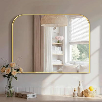 30"x40" Gold Metal Framed Bathroom Mirror for Over Sink | Rounded rectangle shape. Shatterproof HD glass, all mounting hardware for bathroom, bedroom, entryway.
