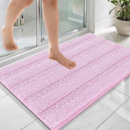 OLANLY Thick Bathroom Rugs 36x24, Soft Chenille Striped Bath Rugs, Pink | Rubber Backing, Machine Wash, Extra Absorbent Bath Mats for Bathroom Floor, Tub and Shower, Home Decor Accessories