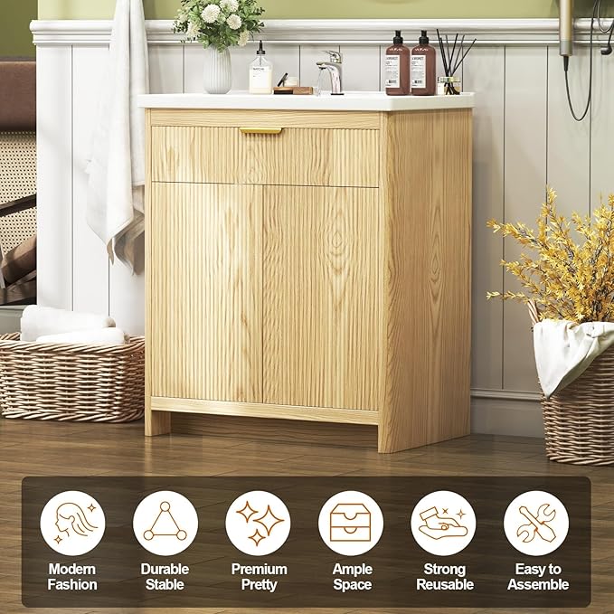 32" Modern Bathroom Vanity with Ceramic Sink, 2 Doors & 1 Drawer, Wooden Storage Cabinet, Actual 31.5" L x 18.5" W x 35.4" H