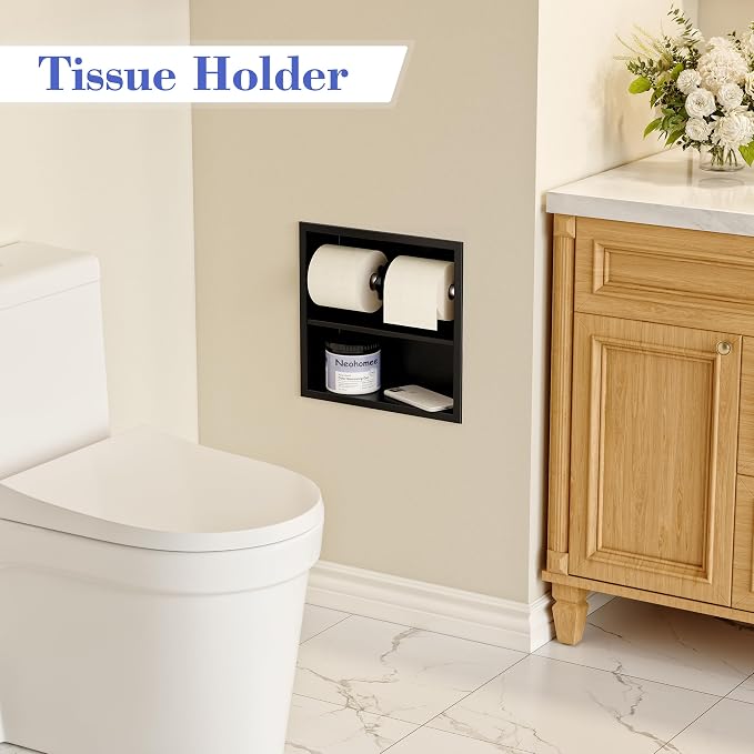 Neodrain Black Recessed Toilet Paper Holder,Double Layer Wet Tissue Holder | Space-Saving Wall Niche Cabinet Storage, Rustproof & Durable,For Bathroom, Kitchen & Vanity