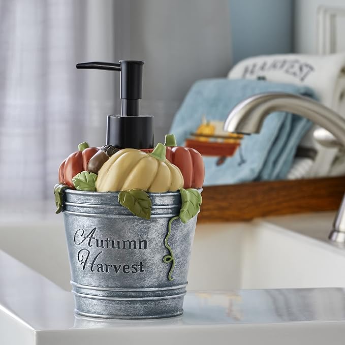 SKL Home Fall/Thanksgiving Harvest Bucket Soap/Lotion Dispenser, Multi | Can be used in the bathroom, kitchen, bar or any sink space.