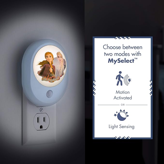 Disney Frozen II MySelect LED Night Light, Motion Sensor, Dusk-to-Dawn | Featuring Anna and Elsa, Ideal for Girls' Bedrooms, Nurseries, or Bathrooms – 44473