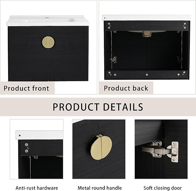 SSLine Modern 40" Floating Bathroom Vanity with Ceramic Sink Wall Mounted Bathroom Vanity with Top Basin &Storage Cabinet&Side Open Shelf Elegant Wood Vanity Sink Cabinet for Small Space(Black Gold)