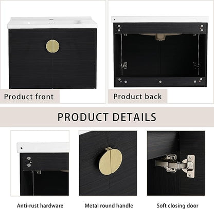 SSLine Modern 40" Floating Bathroom Vanity with Ceramic Sink Wall Mounted Bathroom Vanity with Top Basin &Storage Cabinet&Side Open Shelf Elegant Wood Vanity Sink Cabinet for Small Space(Black Gold)