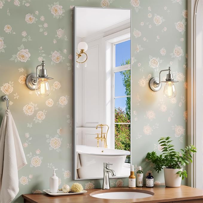 COFENY Silver Bathroom Mirror for Wall, 16x48 Inch Rectangle Mirror with Metal Frame, Modern Vanity Mirrors for Bathroom Living Room, Entryway Hangs Horizontal or Vertical