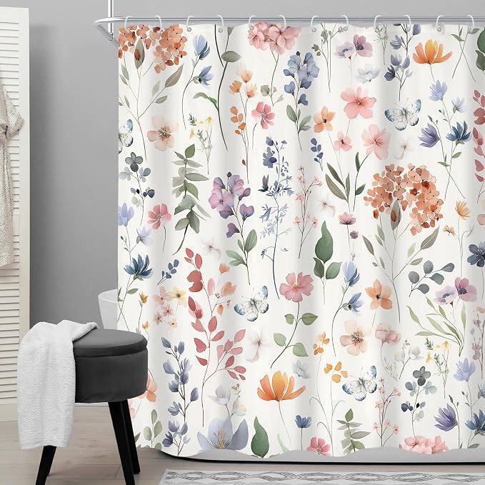 Colorful Boho Flower Girly Wildflower Floral Bathroom Shower Curtain Set | 60"W x 72"H Plants Botanical; waterproof HD print, quick-dry fabric and plastic hooks for easy setup.