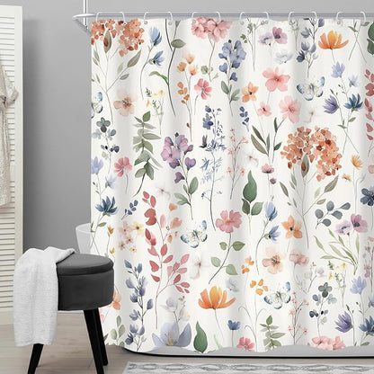 Colorful Boho Flower Girly Wildflower Floral Bathroom Shower Curtain Set | 60"W x 72"H Plants Botanical; waterproof HD print, quick-dry fabric and plastic hooks for easy setup.