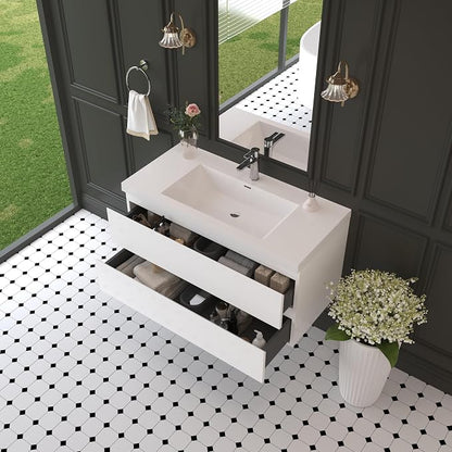 42" Floating Bathroom Vanity Sink, Glossy White | Storage Cabinet Wall Mounted Cabinet, Solid Surface Basin, Soft Close Drawers, Fully Assembled