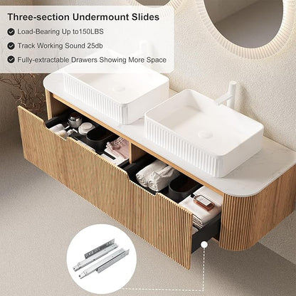 60 Inch Bathroom Vanity with Double Sink, Floating Bathroom Cabinet with White Rectangular Ceramic Basin and Marble Top, 2 Large Soft-Closing Storage Drawers, Pre-Assembled, Nature Wood