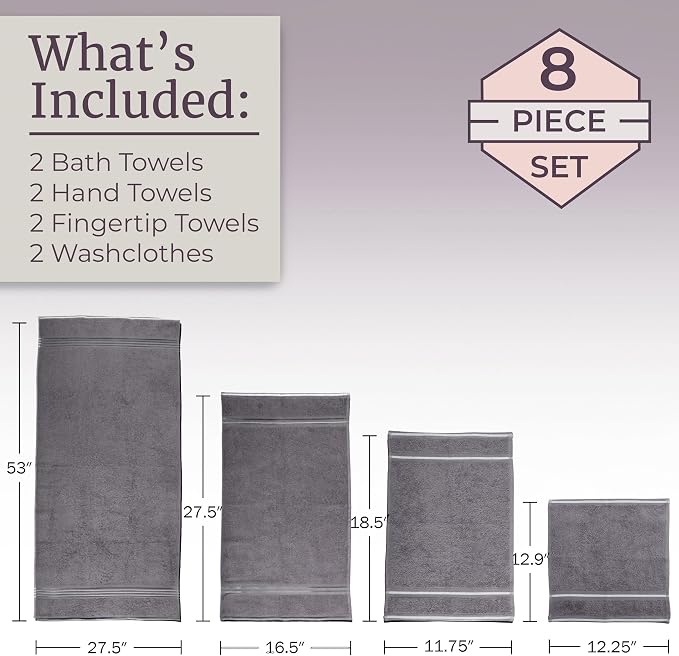 Lavish Home 8PC Bathroom Towels Set - 575GSM 100% Cotton Bathroom Essentials with 2 Bath Towels, 2 Hand Cloths, 2 Wash Cloths, and 2 Fingertip Fabric for Shower, Gym, Dorm and Spa (Silver)
