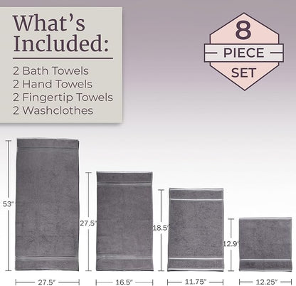 Lavish Home 8PC Bathroom Towels Set - 575GSM 100% Cotton Bathroom Essentials with 2 Bath Towels, 2 Hand Cloths, 2 Wash Cloths, and 2 Fingertip Fabric for Shower, Gym, Dorm and Spa (Silver)