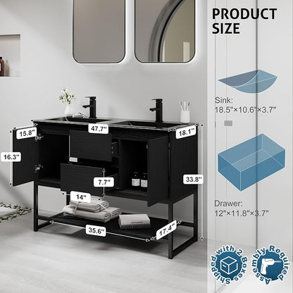 LUCKWIND 48" Modern Bathroom Vanity with Dual Black Sink Combo, Freestanding Storage Cabinet with Metal Frame, Water-Saving Faucet and Open Shelf and 2 Soft-Closing Door, Black
