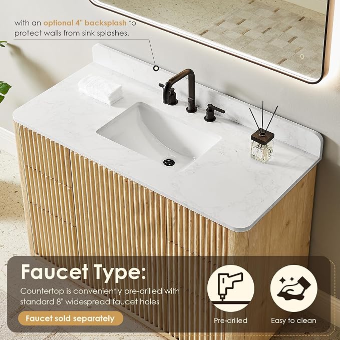 48 Inch Bathroom Vanity with Sink Modern Pedestal Single Vanities with Top | Pre-Assembled, Backsplash Included, Sturdy Solid Wood, Large Storage Cabinet, Soft Closing Doors, Dovetail Drawers