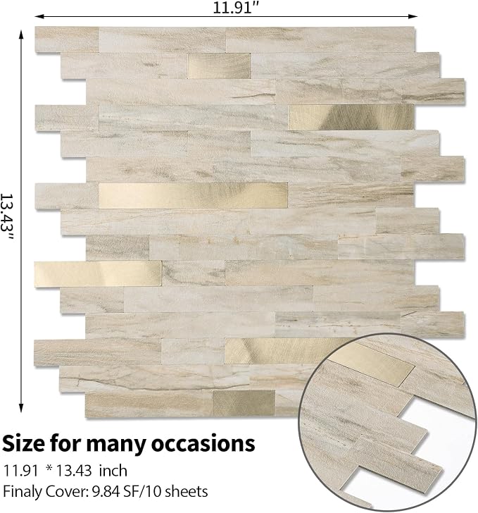 Yipscazo 10 Sheets Peel and Stick Stone Metal Tile Backsplash, Stick on Tiles for Backsplash Kitchen, Bathroom, Laundry Room, Camper, Fireplace (12'' X 12'', Beige Stone with Gold)