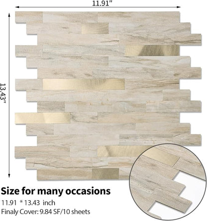 Yipscazo 10 Sheets Peel and Stick Stone Metal Tile Backsplash, Stick on Tiles for Backsplash Kitchen, Bathroom, Laundry Room, Camper, Fireplace (12'' X 12'', Beige Stone with Gold)
