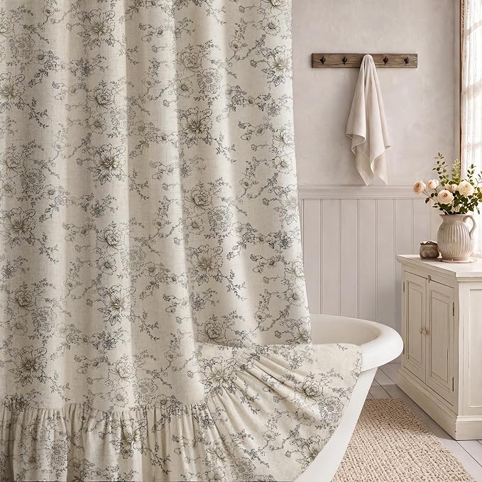 Floral Farmhouse Shower Curtain with Ruffle Hem for Bathroom | Vintage Classy Country Style, Rustic Natural Linen Blend Fabric, 72" x 72"