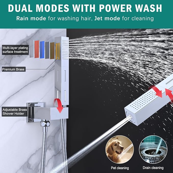 Enga Dual Shower Head System with Tub Spout, Ceiling Mount 10 Inch Shower Head with 6 Inch Wall Mount Shower Head, 4 Way Diverter Shower Faucet with 2 in 1 Handheld, Chrome