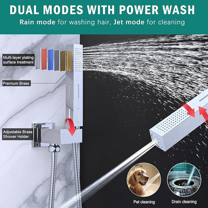 Enga Dual Shower Head System with Tub Spout, Ceiling Mount 10 Inch Shower Head with 6 Inch Wall Mount Shower Head, 4 Way Diverter Shower Faucet with 2 in 1 Handheld, Chrome
