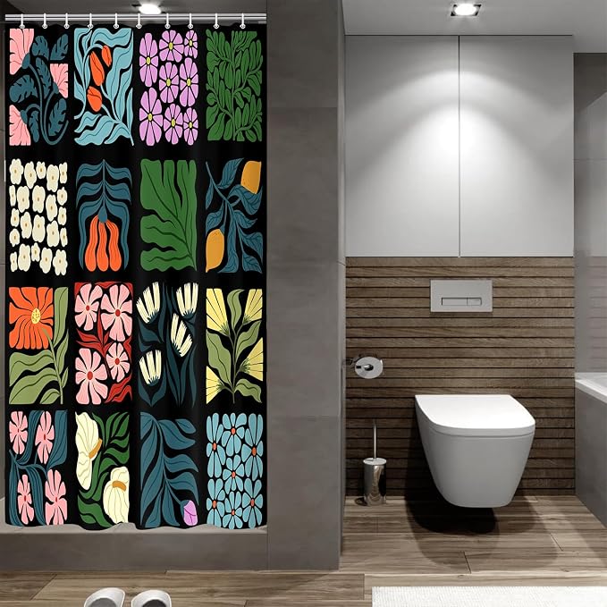 JAWO Retro Shower Curtain Vintage Abstract Boho Floral Shower Curtains for Bathroom Decor Black Blue Botanical Geometric Groovy Aesthetic Pattern Shower Curtain Sets with Hooks, 36X72IN
