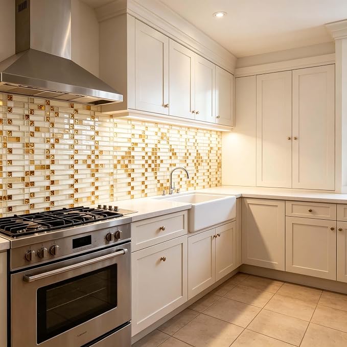 Glass Mosaic Tile Beige Gold for Kitchen Backsplash Bath Wall Decor 5 Sq Ft | Glossy Surface Shine, 3D Arched Interlocking, Indoor Walls, Bathroom Shower, Fireplace Surrounds and Modern Interiors Spaces