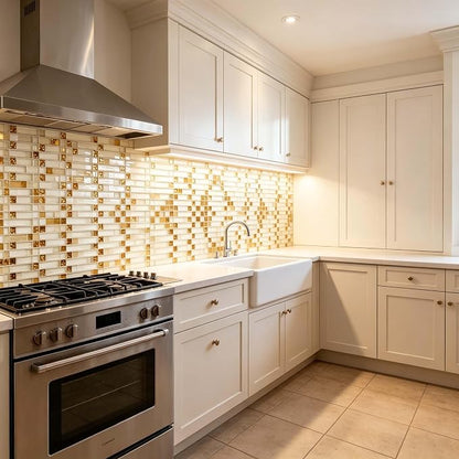 Glass Mosaic Tile Beige Gold for Kitchen Backsplash Bath Wall Decor 5 Sq Ft | Glossy Surface Shine, 3D Arched Interlocking, Indoor Walls, Bathroom Shower, Fireplace Surrounds and Modern Interiors Spaces