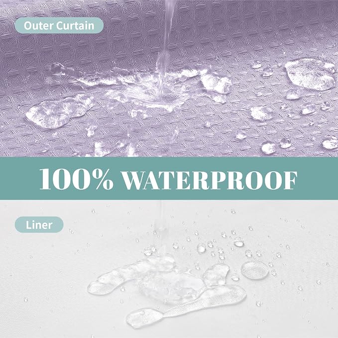 No Hook Waffle Shower Curtain with Snap-in Liner, 71x77 Inch, Lavender | 230 GSM waffle weave fabric, waterproof liner set with 2 bottom magnets, mesh top window, washable, for bathroom or hotel use