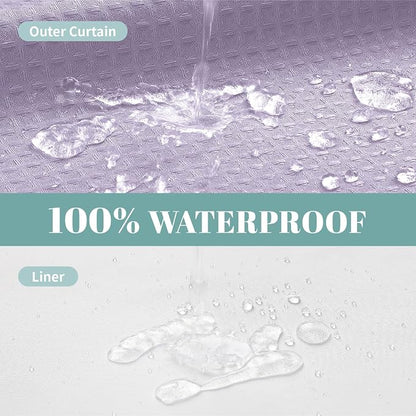 No Hook Waffle Shower Curtain with Snap-in Liner, 54x80 Inch, Lavender | 230GSM waffle weave fabric, waterproof liner set with 2 bottom magnets, mesh window, washable, for shower stalls or bathrooms