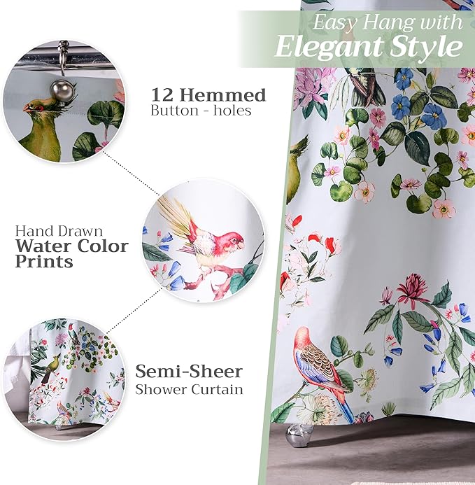 Maison d' Hermine Shower Curtain 100% Cotton One Panel 70"x72" Washable Fabric Shower Curtains for Bathroom, Easy Hanging with 12 Button Holes - Home Hotel Spa Easter Gifts (Eden - Blue Blush)