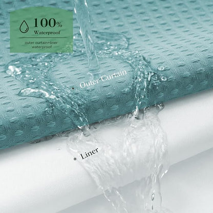 Teal Hook Free Waffle Shower Curtain & Snap-in Fabric Liner,72x75 | Less Time to install, 3 in 1 Fabric Shower Curtain and Liner Set with Magnets, Mesh Top Window, Shower Curtains for Bathroom
