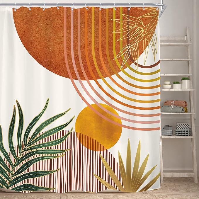 Mid Century Orange Boho Abstract Retro Gold Bathroom Shower Curtain Set | 72Wx78H Contemporary Arch design, waterproof HD print with fast-drying fabric and 12 hooks.
