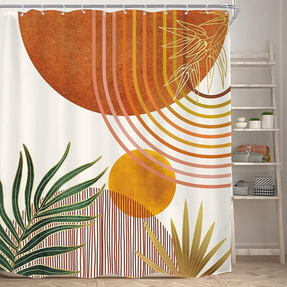 Mid Century Orange Boho Abstract Retro Gold Bathroom Shower Curtain Set | 72Wx78H Contemporary Arch design, waterproof HD print with fast-drying fabric and 12 hooks.