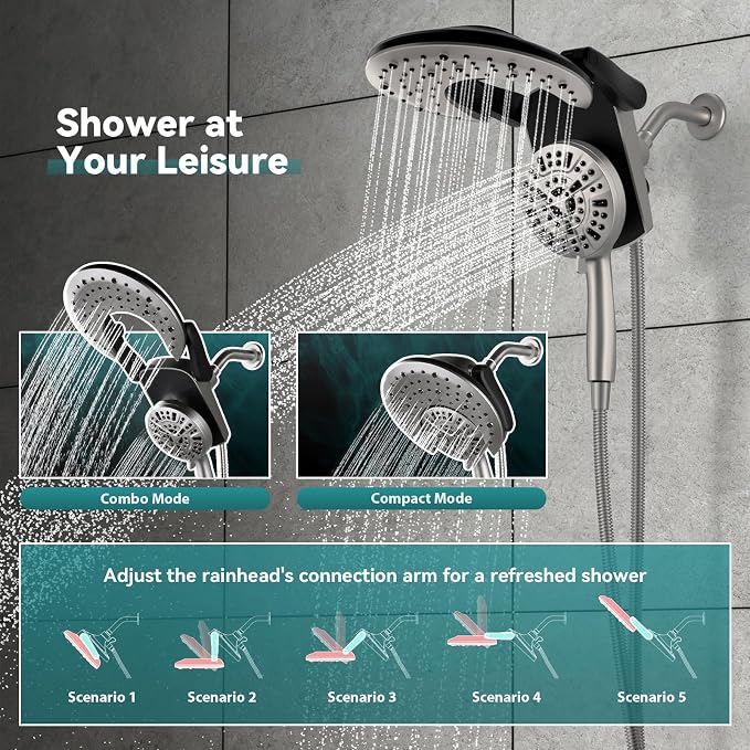 Foldable Rainfall Shower Head 9 Spray Settings/Modes Handheld Showerheads | High Pressure Shower Heads with Handheld Spray Combo, Built-in Magnetic Docking, Power Jets, Stainless Steel Shower Hose
