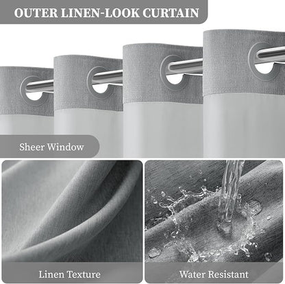 Grey Ringless Linen Textured Shower Curtain with Snap in Liner, 72x75 | 3 in 1 Hotel Shower Curtain Set, Removable Liner, Waterproof & Washable, Mesh Top Window, Durable Fabric, Easy to Install