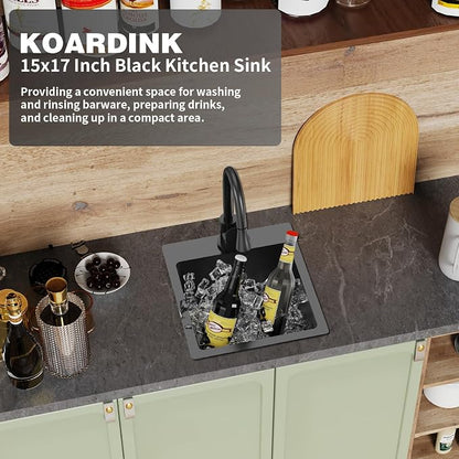 Black Kitchen And Bar Sink, 15x17 Inch Stainless Steel Drop In Kitchen Sink Modern Single Bowl Topmount Bar Sink Combo-Silicon Mat,Drain Strainer Set Compatibility With Various Kitchen & Bar Style
