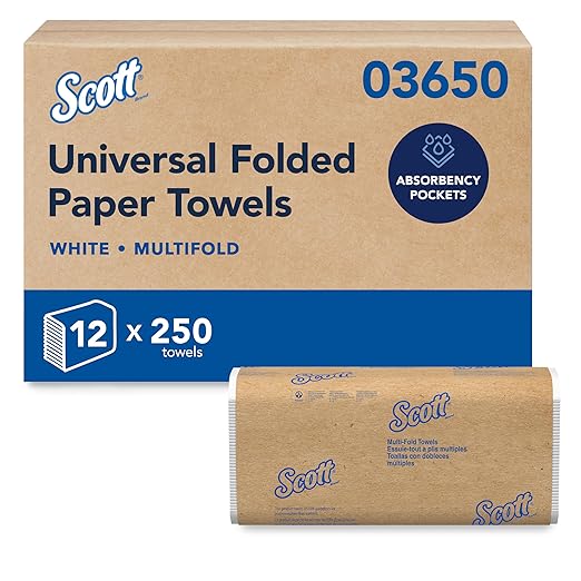 Scott Professional Universal Multifold Paper Towels, Bulk (03650), Absorbency Pockets, White, 9.2"x9.4" Towel, Compressed, Compact Case (250 Sheets/Pack, 12 Packs/Case, 3,000 Sheet Total)