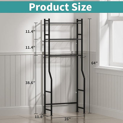 3-Tier Over The Toilet Storage Organizer, Space-Saving Bathroom Rack with Paper Holder & 4 Hooks, 64" Tall Freestanding Carbon Steel Shelf for Small Apartment Laundry Room (Black)