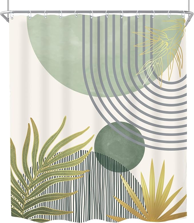 Mid Century Mint Green Boho Abstract Modern Bathroom Shower Curtain Set | 60Wx72L S Plant design, waterproof HD print with fast-drying fabric and 12 hooks.