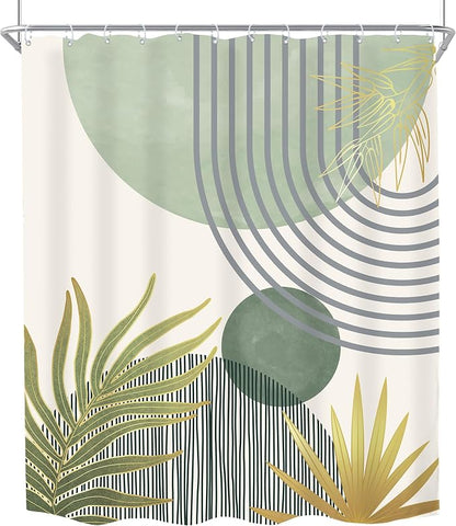 Mid Century Mint Green Boho Abstract Modern Bathroom Shower Curtain Set | 60Wx72L S Plant design, waterproof HD print with fast-drying fabric and 12 hooks.