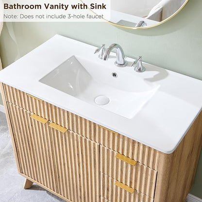 T4TREAM 36" Fluted Bathroom Vanity with Ceramic Sink Combo，Freestanding Modern Bathroom Storage Vanity Cabinet with 2 Soft Closing Doors & 3 Drawers，Wood Grain Texture，Metal Handle，Natural Oak
