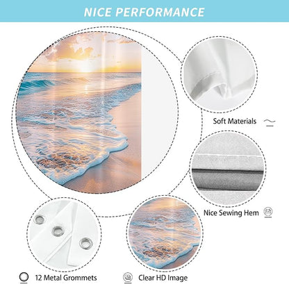 Extra Long Ocean Beach Coastal Seaside Nautical Shower Curtain for Bathroom 72W*84H Inch Summer Sunset Seacoast Beachy Waves Seascape Nature Cool Bathtub Decor Waterproof Polyester Fabric Set