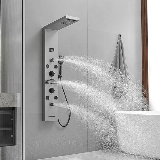 Shower Panel Rain Massage System with Adjustable Body Jets Mist Spray 6 in 1 Functions, Wall-Mount Shower Column Bathroom Shower Panel Tower System, Brushed Nickel and Black