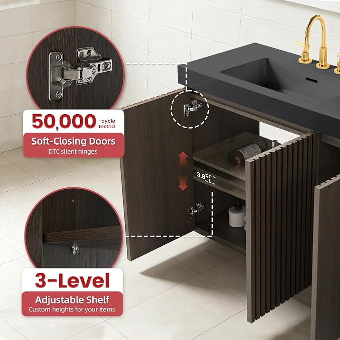 60 Inch Bathroom Vanity with Double Sink, Freestanding Double Sink Bathroom Vanity with Black Engineered Stone Top, Open Storage Cabinet & Adjustable Shelf, Smoked Oak Brown (3 Holes)